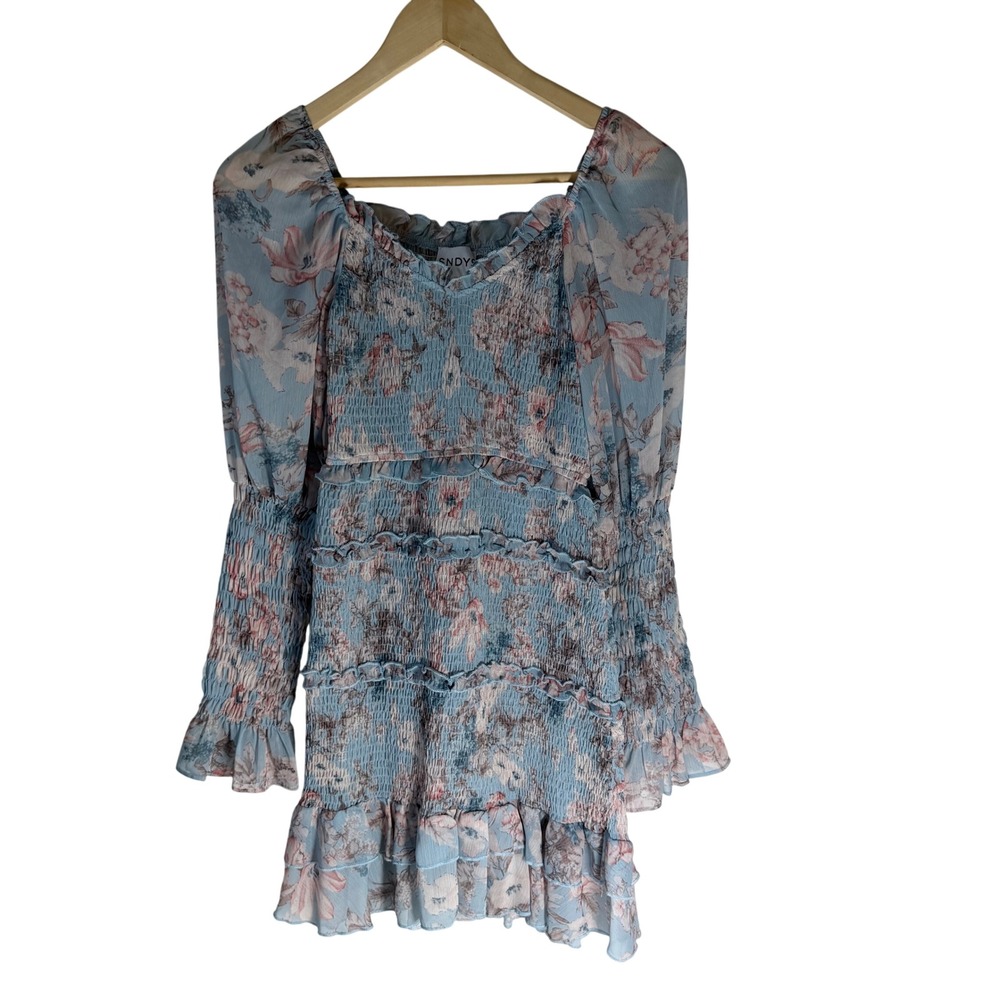 SNDYS Blue Floral Smocked Mini Dress Long Sleeve Ruffle Tiered Chiffon Small